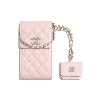 CHANEL Calfskin AirPods Pro Case Necklace Pouch Shoulder Bag Crossbody Bag Cell Phone Pouch Women's Pink
