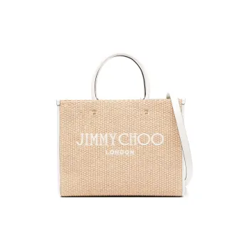 Jimmy Choo Avenue Raffia Tote Bag Shopping Bag Shoulder Bag Crossbody Bag Handbag Medium Size Women's Beige & White