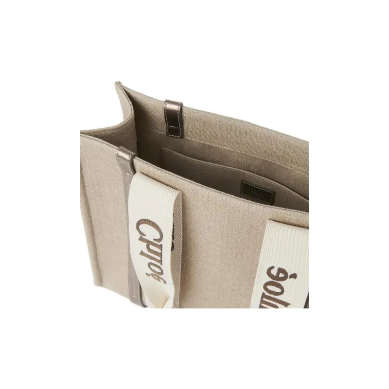 Chloe Woody Linen Canvas With Leather Tote Bag Shopping Bag Handbag Regular Women's Bright Gray-4