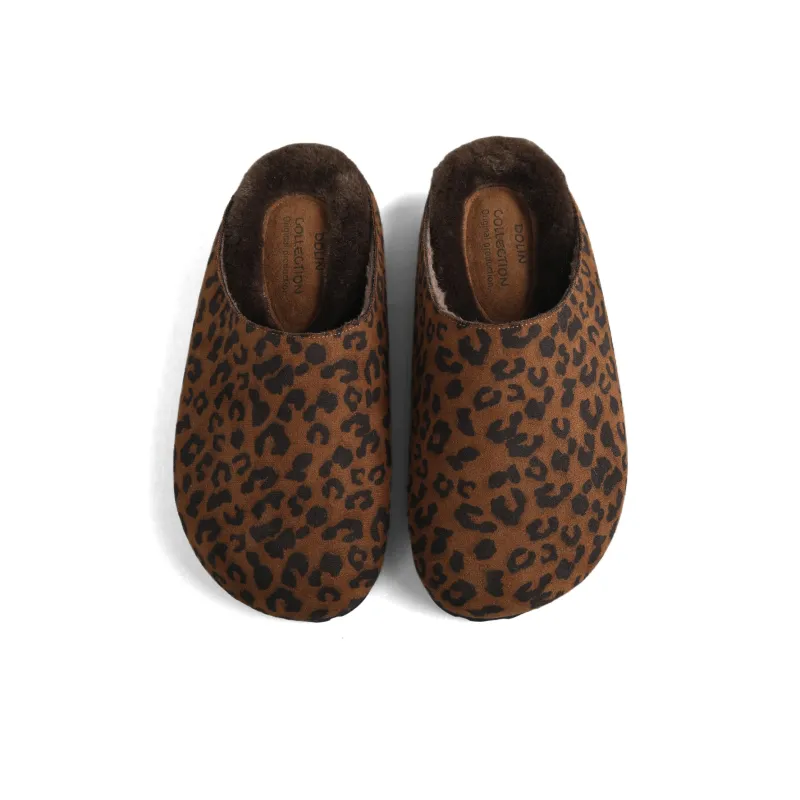 DOLIN COLLECTION Fleece-Lined Closed Toe Slippers For Outdoor Wear Women's Leopard Print-8