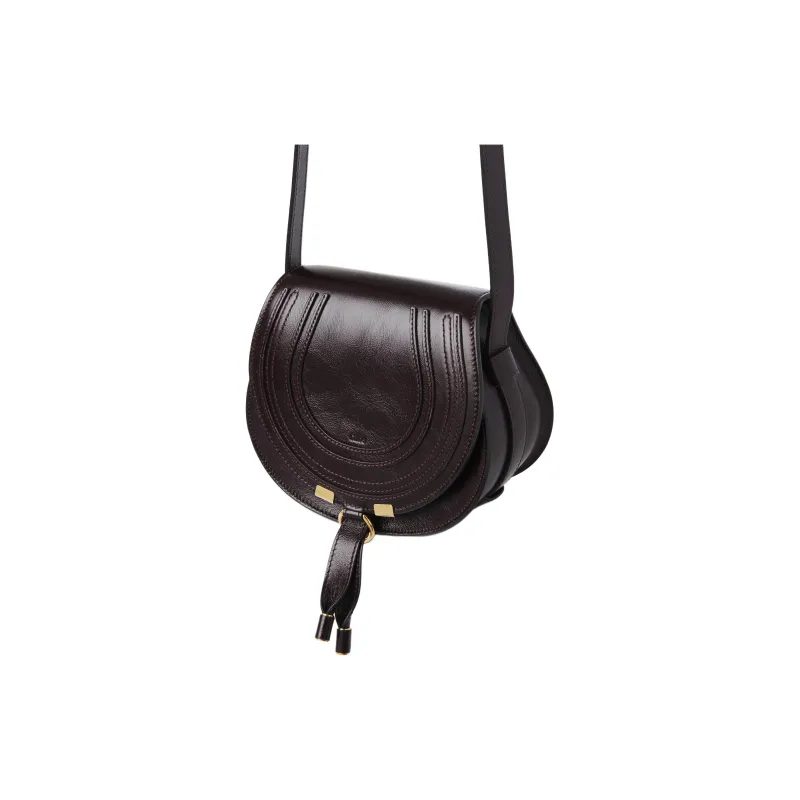 Chloe Marcie Shiny Calfskin Saddle Bag Shoulder Bag Crossbody Bag Small Size Women's Reddish Umber-1