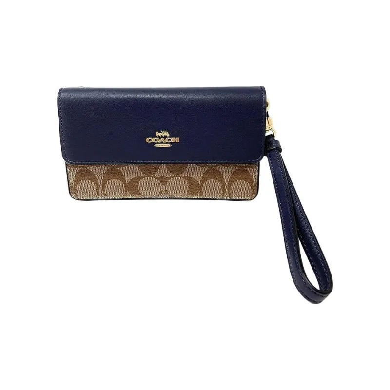 COACH Foldover PVC Coin Purse Handbag Clutch Small Size Women's Khaki Brown Dark Blue-1