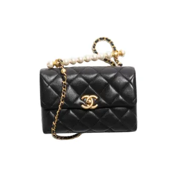 CHANEL Artificial Pearl Shiny Lambskin Mouth Cover Bag Portable Crossbody Bag Shoulder Bag Mini Women's Black