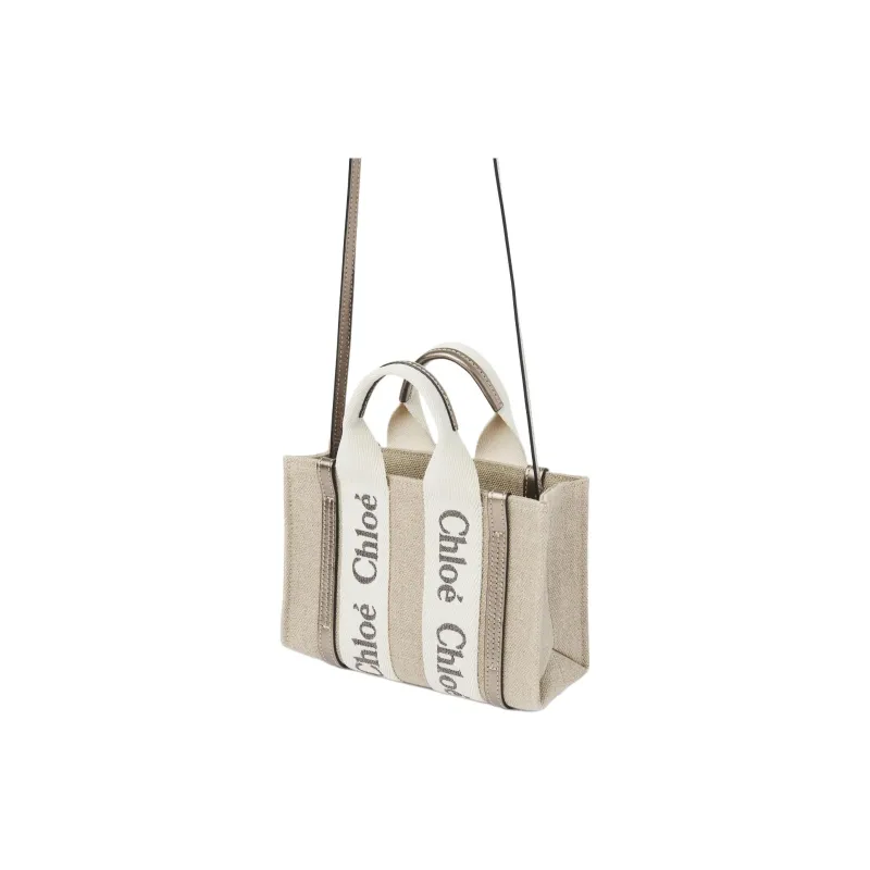 Chloe Woody Linen Tote Bag Shopping Bag Shoulder Bag Crossbody Bag Handbag Mini Women's Bright Gray-1