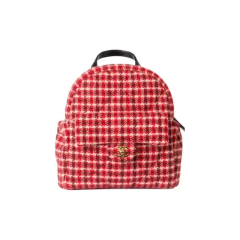 CHANEL Wool Twill Velvet Calfskin With Gold Metal Backpack Large Size Women's Red & White