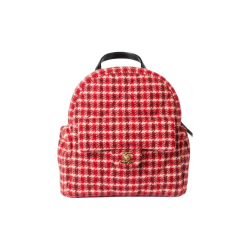 CHANEL Wool Twill Velvet Calfskin With Gold Metal Backpack Large Size Women's Red & White
