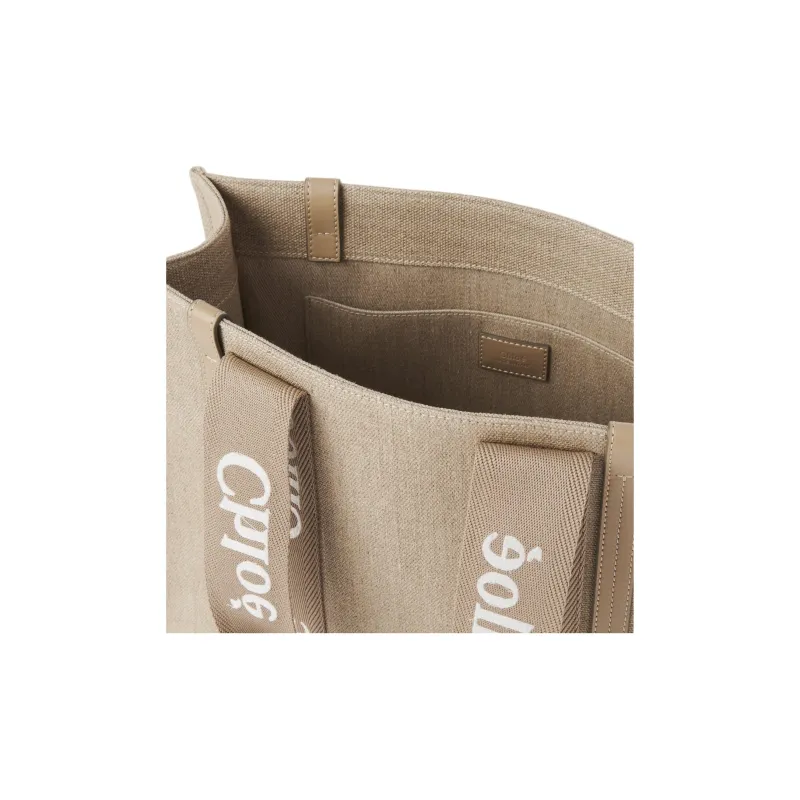 Chloe Woody Linen Canvas With Calfskin Tote Bag Shopping Bag Shoulder Bag Handbag Regular Women's Brown-3