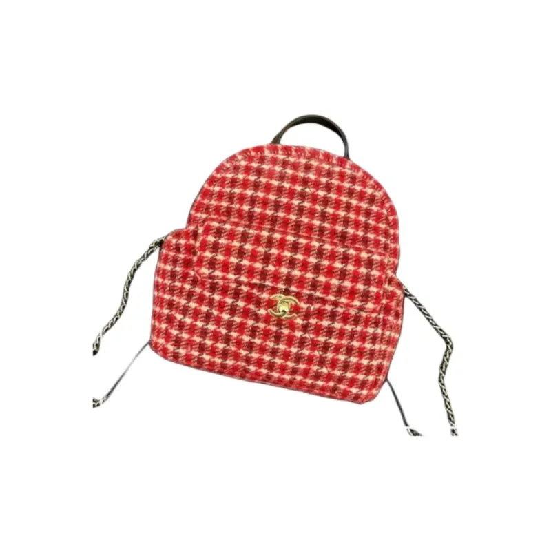 CHANEL Wool Twill, Soft Woolen Calfskin, And Gold Metal Backpack Tubas Women's Red & White-3