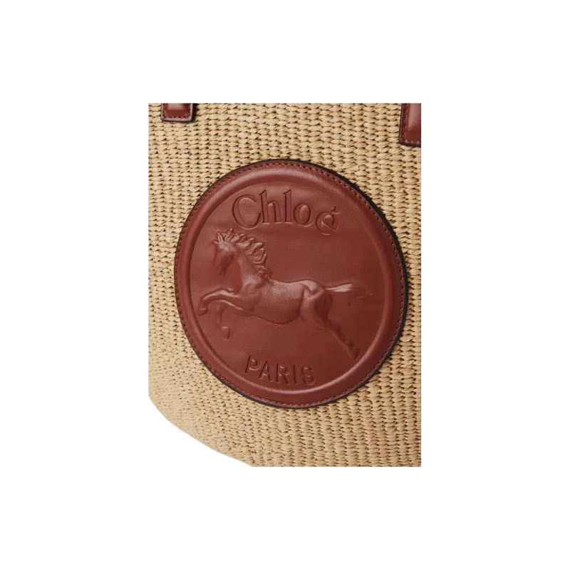 Chloe Natural Fiber Calfskin Handbag Shoulder Bag Large Size Women's Tan-4