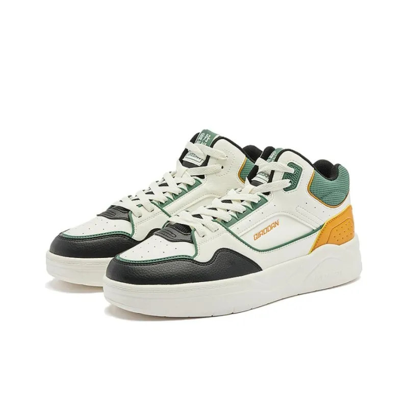 QIAODAN Warm Slip Resistant High Top Skateboard Shoes Men's White Green Black-1