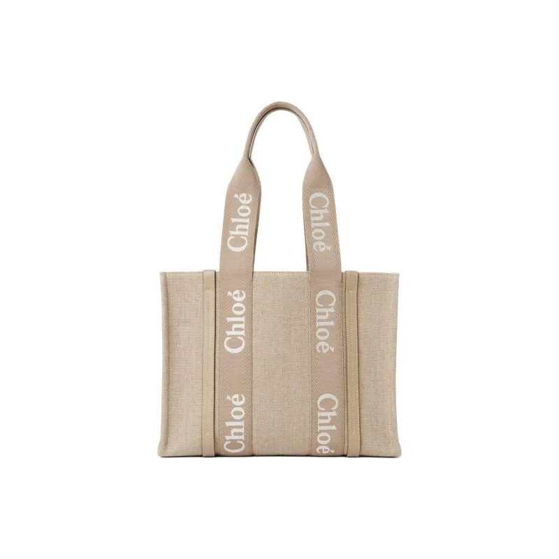 Chloe Woody Linen Canvas With Calfskin Tote Bag Shopping Bag Shoulder Bag Handbag Regular Women's Brown-2