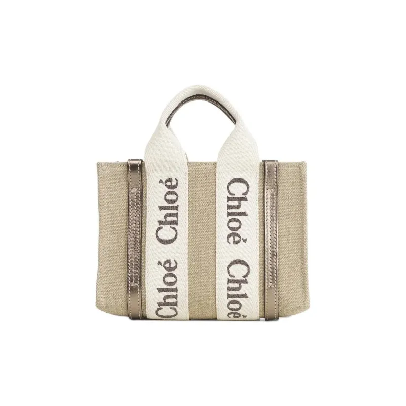 Chloe Woody Linen Tote Bag Shopping Bag Shoulder Bag Crossbody Bag Handbag Mini Women's Bright Gray-2