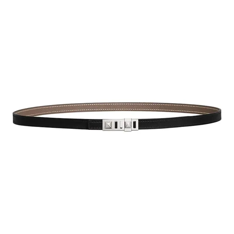 HERMES Metal Leather Belts Women's Black/Taupe Width 1.3CM-0