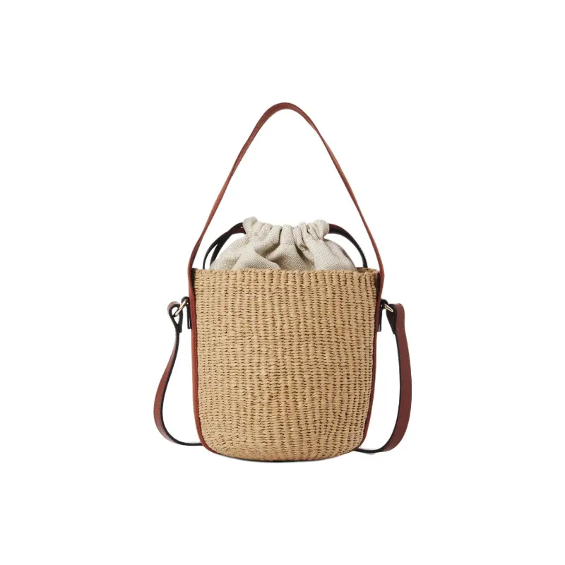 Chloe Natural Fiber With Calfskin Bucket Bags Shoulder Bag Crossbody Bag Handbag Small Size Women's Tan-2