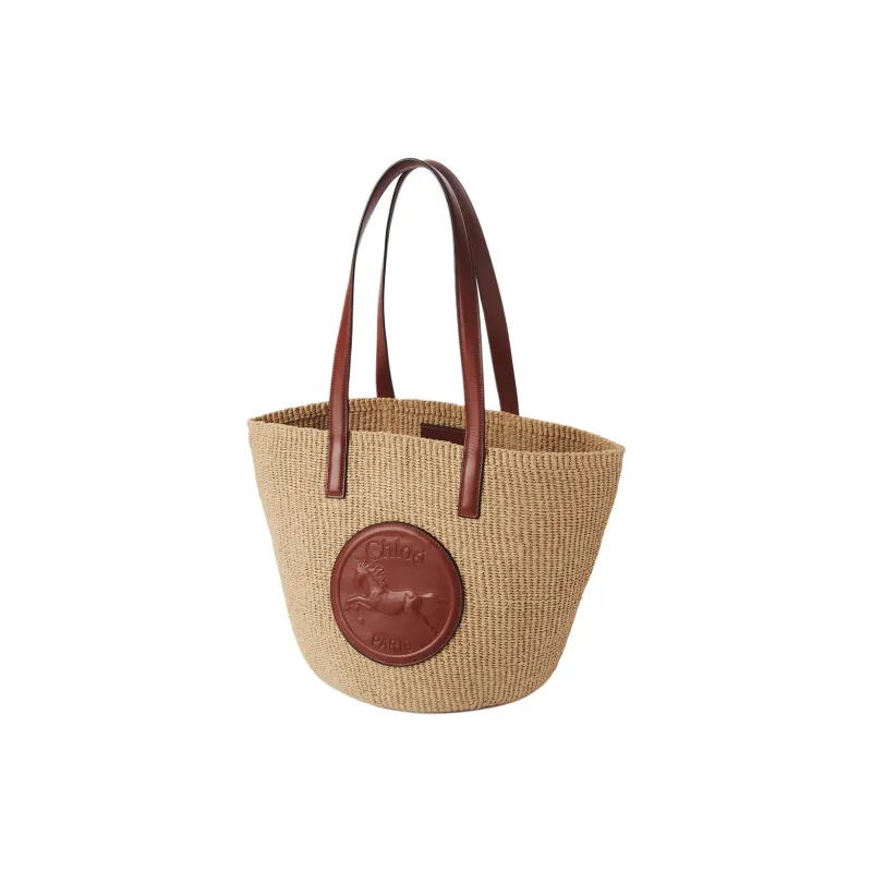 Chloe Natural Fiber Calfskin Handbag Shoulder Bag Large Size Women's Tan-1