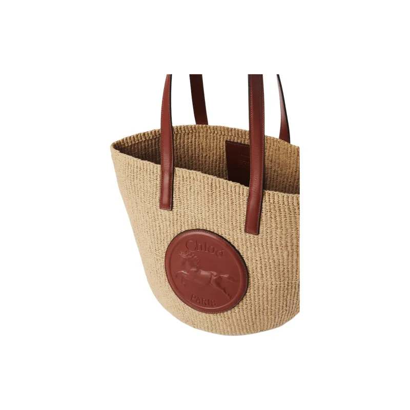 Chloe Natural Fiber Calfskin Handbag Shoulder Bag Large Size Women's Tan-3