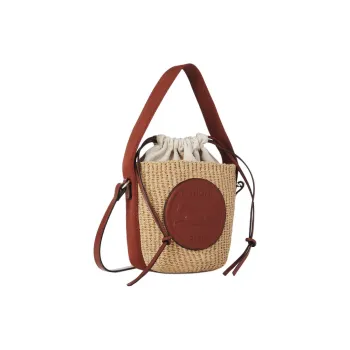 Chloe Natural Fiber With Calfskin Bucket Bags Shoulder Bag Crossbody Bag Handbag Small Size Women's Tan