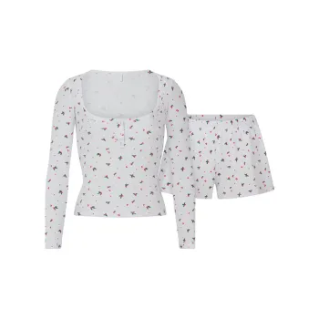 SKIMS FW24 WAFFLE LONG SLEEVE HENLEY AND SHORT SET Pajama Set Women's Cloud Holly Print