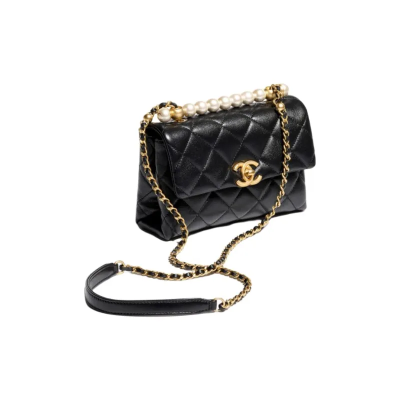 CHANEL Artificial Pearl Shiny Lambskin Flap Bag, Portable Crossbody Bag, Shoulder Bag Mini Women's Black-1