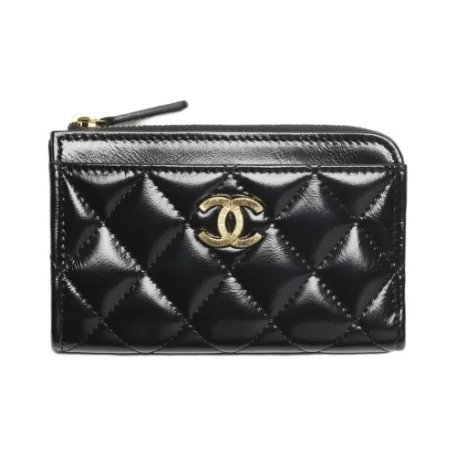 CHANEL Bright Lambskin Wallet, Card Holder Women's Black