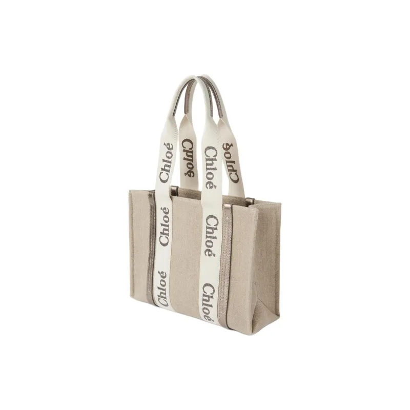 Chloe Woody Linen Canvas With Leather Tote Bag Shopping Bag Handbag Regular Women's Bright Gray-1