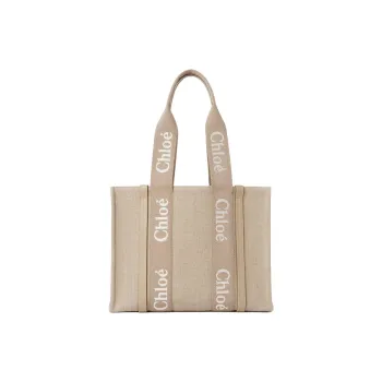 Chloe Woody Linen Canvas With Calfskin Tote Bag Shopping Bag Shoulder Bag Handbag Women's Brown