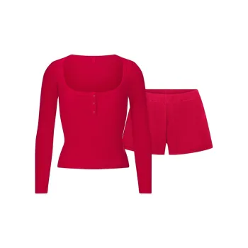 SKIMS FW24 Fake Day Collection WAFFLE LONG SLEEVE HENLEY And SHORT SET Pajama Set Women's CRANBERRY/Cranberry