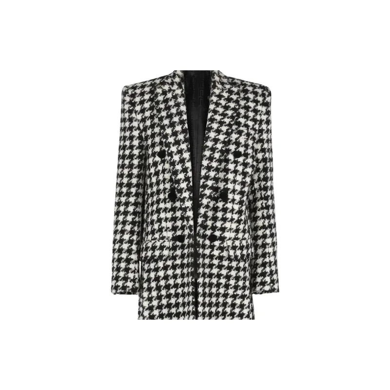 BALMAIN Double Breasted Houndstooth Coat 'Blanc Cassé/Noir'-4