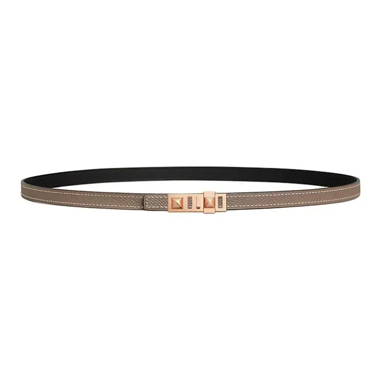 HERMES Calfskin Leather Belts Women's Black/Taupe Width 1.3CM-1
