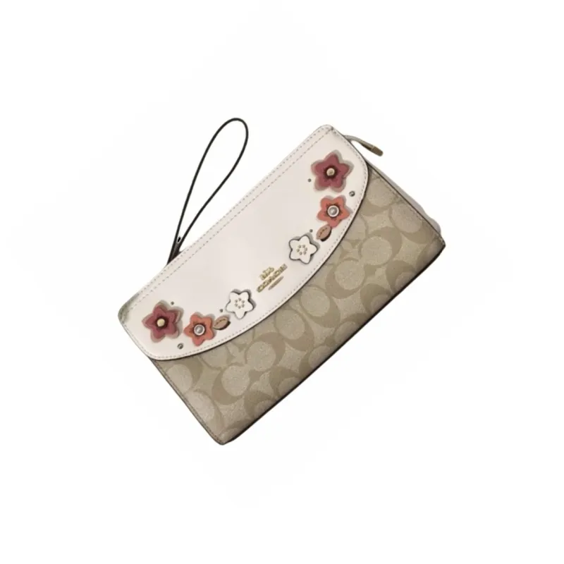 COACH Canvas Leather Trim Pochette Clutch Medium Size Women's Brown & White-2