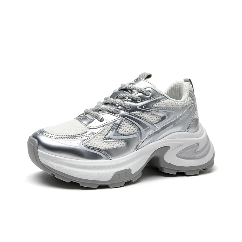 Warrior Height Increasing Low Top Chunky Sneakers Women's Silver White-1