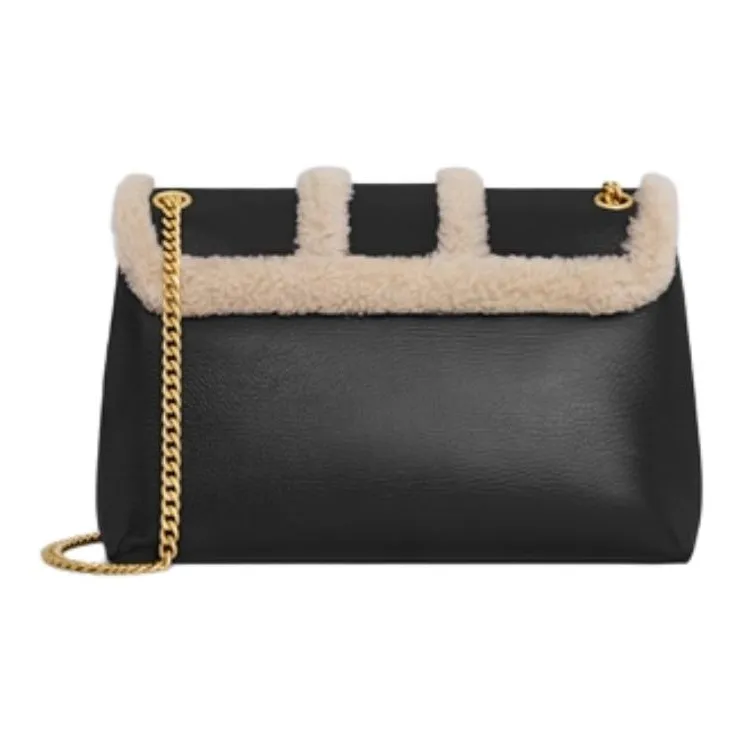 CELINE Lambskin Handbag, Shoulder Bag Large Size Women's Black & Milk White-3