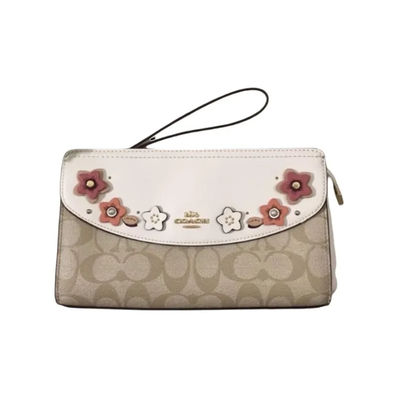 COACH Canvas Leather Trim Pochette Clutch Medium Size Women's Brown & White-1