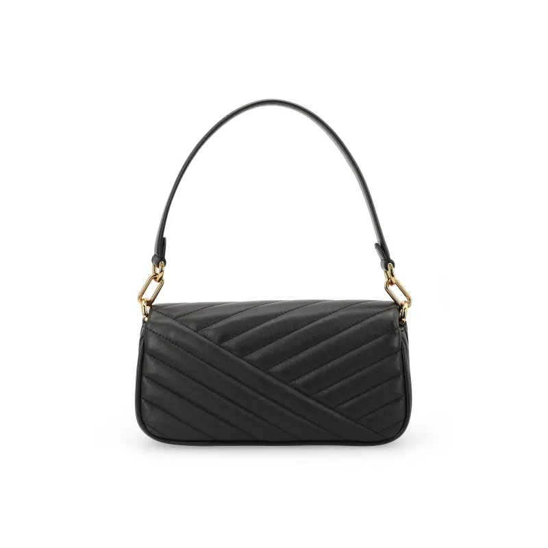 TORY BURCH Kira Twill Quilted Leather Underarm Baguette Bag, Handbag, Shoulder Bag Women's Black-2