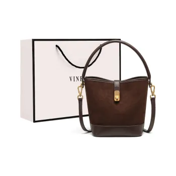 VINEY Cow Leather Patchwork Synthetic Leather Handbag Shoulder Bag Crossbody Bag Bucket Bag Regular Women's Coffee