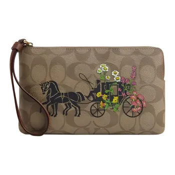 COACH Corner Zip Signature Coated Canvas With Recycled Leather Wrist Bag Small Size Women's Gold & Khaki Multicolor
