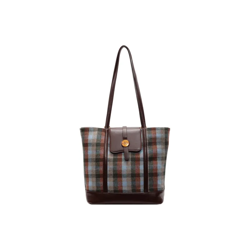 JIANMU PU Tote Double Shoulder Handbag, Shoulder Bag Regular Women's Yellow Plaid/Brown Plaid/Blue Plaid-3