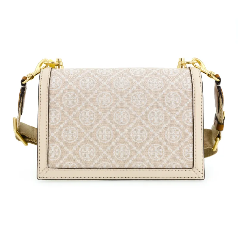 TORY BURCH T Monogram Fabric With Leather Trim Crossbody Bag Shoulder Bag Small Size Women's Almond White-4