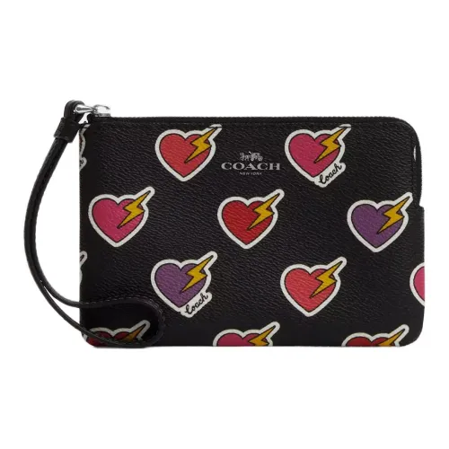 COACH Corner Zip Coated Canvas Wrist Bags Clutches Small Size Women's Black