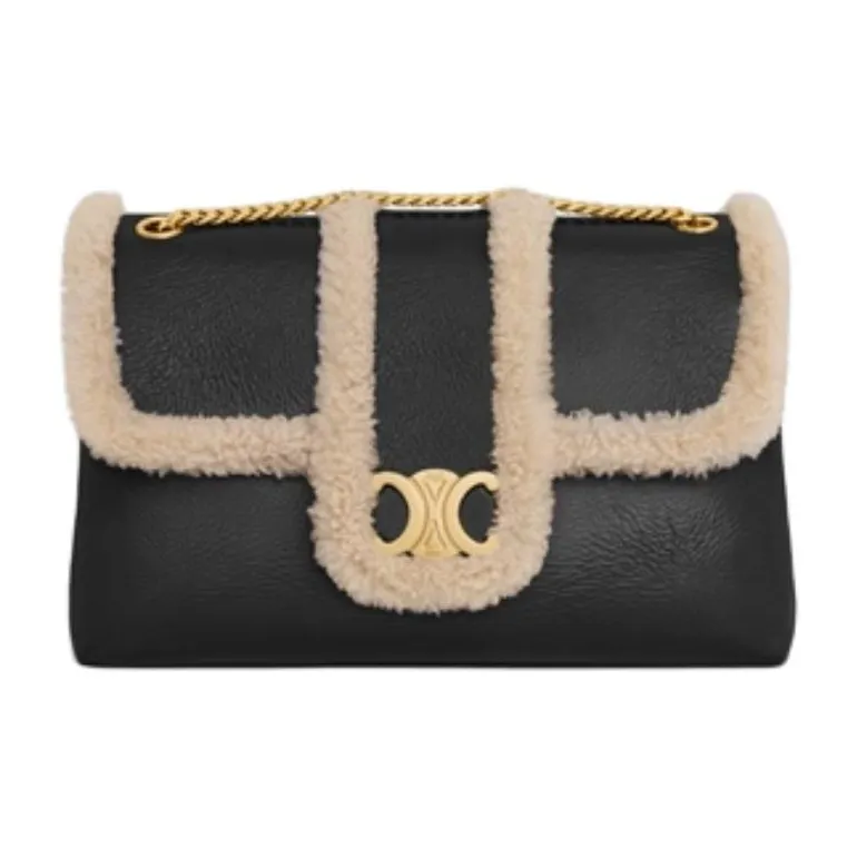 CELINE Lambskin Handbag, Shoulder Bag Large Size Women's Black & Milk White-1