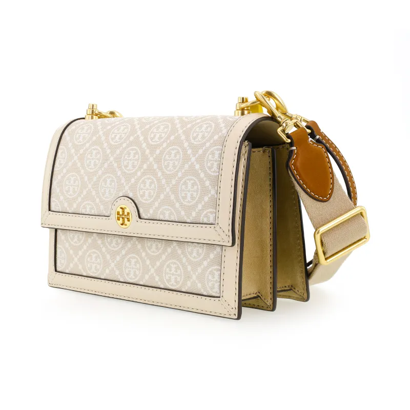 TORY BURCH T Monogram Fabric With Leather Trim Crossbody Bag Shoulder Bag Small Size Women's Almond White-2