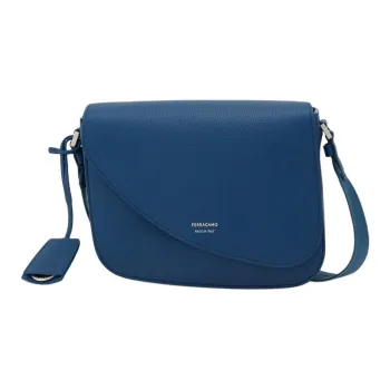 FERRAGAMO Stamped Calfskin Shoulder Bag Crossbody Bag Medium Size Men's Water Duck Blue