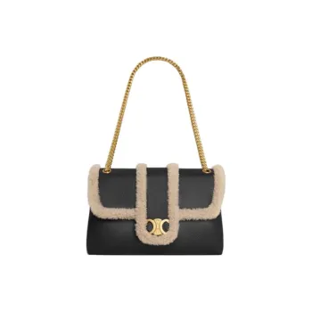 CELINE Lambskin Handbag, Shoulder Bag Large Size Women's Black & Milk White