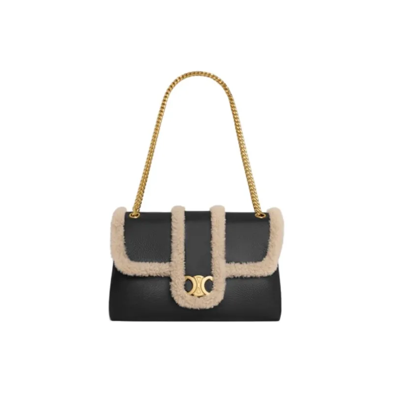 CELINE Lambskin Handbag, Shoulder Bag Large Size Women's Black & Milk White-0