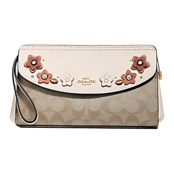 COACH Flap Canvas Leather Trim Mahjong Set Clutches Medium Size Women's Brown & White