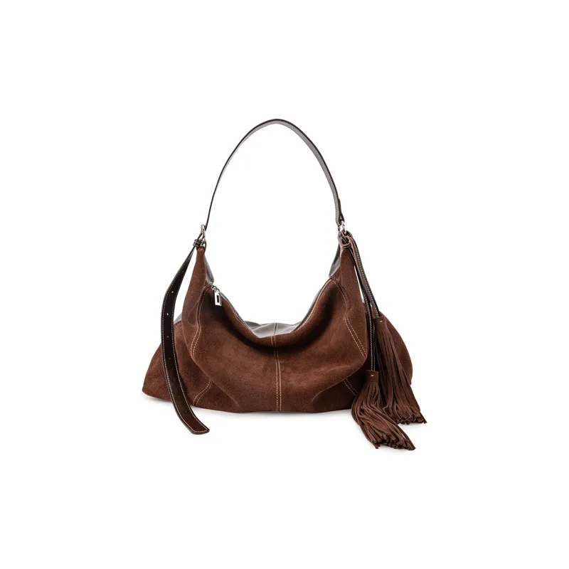 VENOF Cow Leather Shoulder Bag Large Size Women's Velvet Camel Brown/Sand Dune Apricot/Chestnut Coffee-11