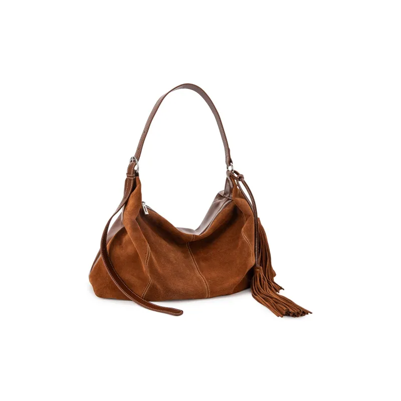 VENOF Cow Leather Shoulder Bag Large Size Women's Velvet Camel Brown/Sand Dune Apricot/Chestnut Coffee-2