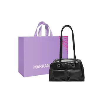 MARKANGARO PU Bowling Bag Shoulder Bag Medium Size Unisex Obsidian Black Red/Ecru