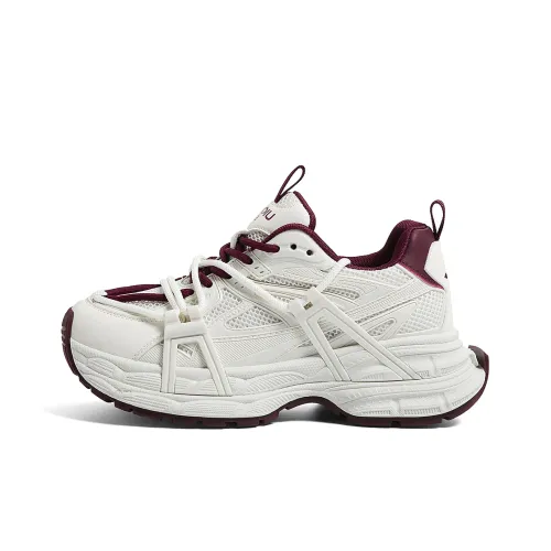 HUANQIU Cushioned Slip Resistant Abrasion Resistant Low Top Chunky Sneakers Women's White Red