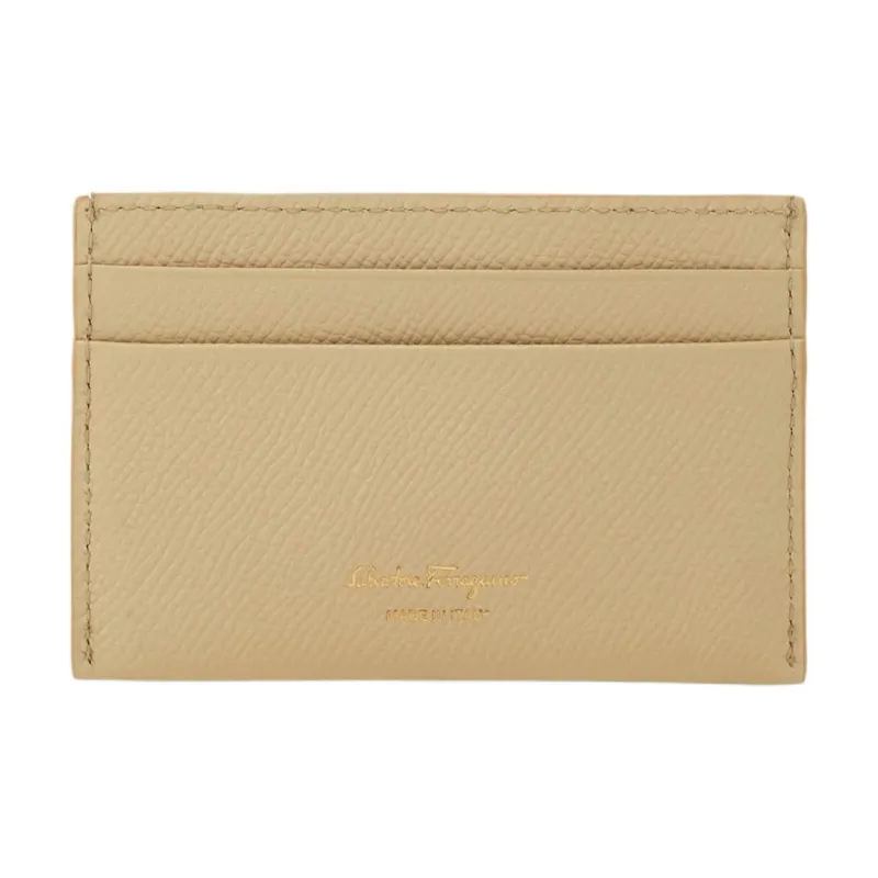 FERRAGAMO GANCINI Stamped Calfskin Card Holder Women's Beige-1